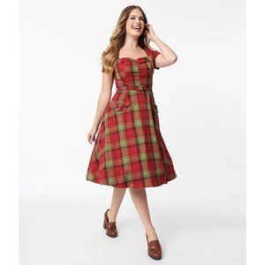 NWT!! Unique Vintage: Voodoo Vixen Red & Green Plaid Swing Dress